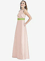 Side View Thumbnail - Blush & Mojito High-Neck Asymmetrical Shirred Satin Maxi Dress with Pockets