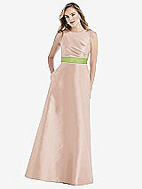 Front View Thumbnail - Cameo & Mojito High-Neck Asymmetrical Shirred Satin Maxi Dress with Pockets