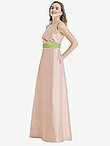 Side View Thumbnail - Cameo & Mojito High-Neck Asymmetrical Shirred Satin Maxi Dress with Pockets