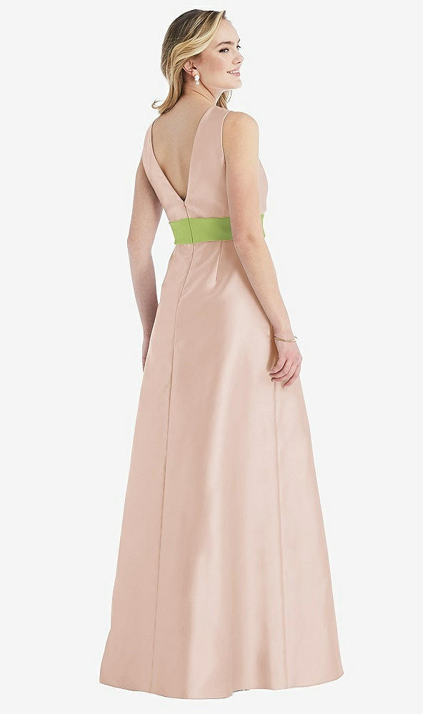Back View - Cameo & Mojito High-Neck Asymmetrical Shirred Satin Maxi Dress with Pockets