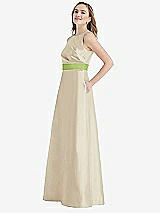 Side View Thumbnail - Champagne & Mojito High-Neck Asymmetrical Shirred Satin Maxi Dress with Pockets