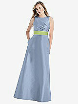 Front View Thumbnail - Cloudy & Mojito High-Neck Asymmetrical Shirred Satin Maxi Dress with Pockets