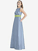 Side View Thumbnail - Cloudy & Mojito High-Neck Asymmetrical Shirred Satin Maxi Dress with Pockets