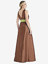 Rear View Thumbnail - Cognac & Mojito High-Neck Asymmetrical Shirred Satin Maxi Dress with Pockets
