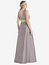 Rear View Thumbnail - Cashmere Gray & Mojito High-Neck Asymmetrical Shirred Satin Maxi Dress with Pockets