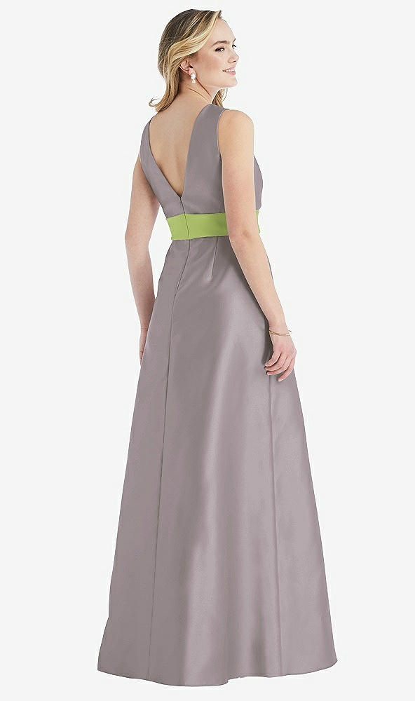 Back View - Cashmere Gray & Mojito High-Neck Asymmetrical Shirred Satin Maxi Dress with Pockets