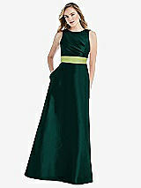 Front View Thumbnail - Evergreen & Mojito High-Neck Asymmetrical Shirred Satin Maxi Dress with Pockets