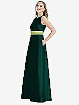 Side View Thumbnail - Evergreen & Mojito High-Neck Asymmetrical Shirred Satin Maxi Dress with Pockets