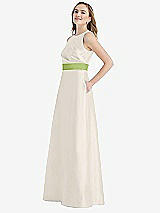 Side View Thumbnail - Ivory & Mojito High-Neck Asymmetrical Shirred Satin Maxi Dress with Pockets