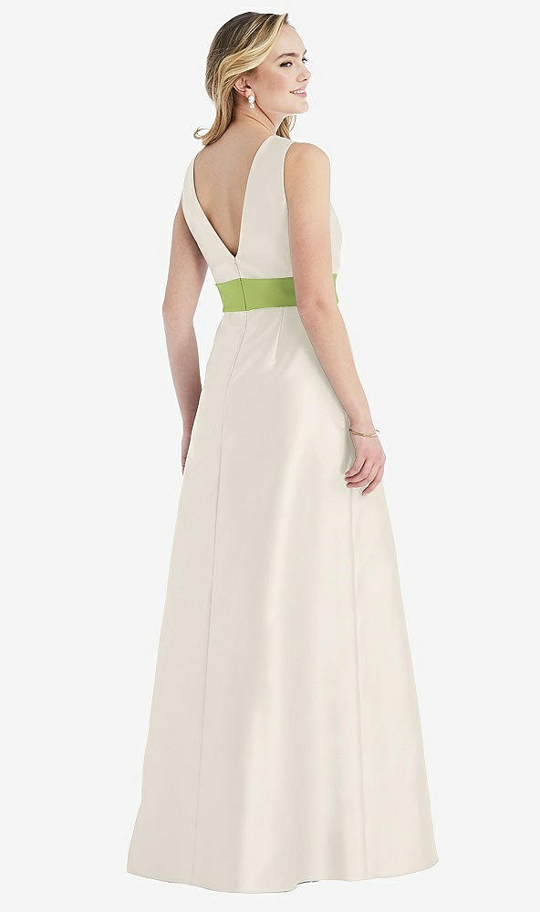 Back View - Ivory & Mojito High-Neck Asymmetrical Shirred Satin Maxi Dress with Pockets