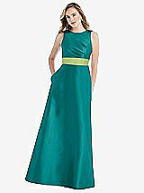 Front View Thumbnail - Jade & Mojito High-Neck Asymmetrical Shirred Satin Maxi Dress with Pockets