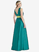 Rear View Thumbnail - Jade & Mojito High-Neck Asymmetrical Shirred Satin Maxi Dress with Pockets