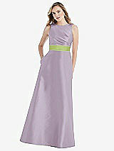 Front View Thumbnail - Lilac Haze & Mojito High-Neck Asymmetrical Shirred Satin Maxi Dress with Pockets