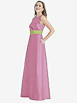 Side View Thumbnail - Powder Pink & Mojito High-Neck Asymmetrical Shirred Satin Maxi Dress with Pockets