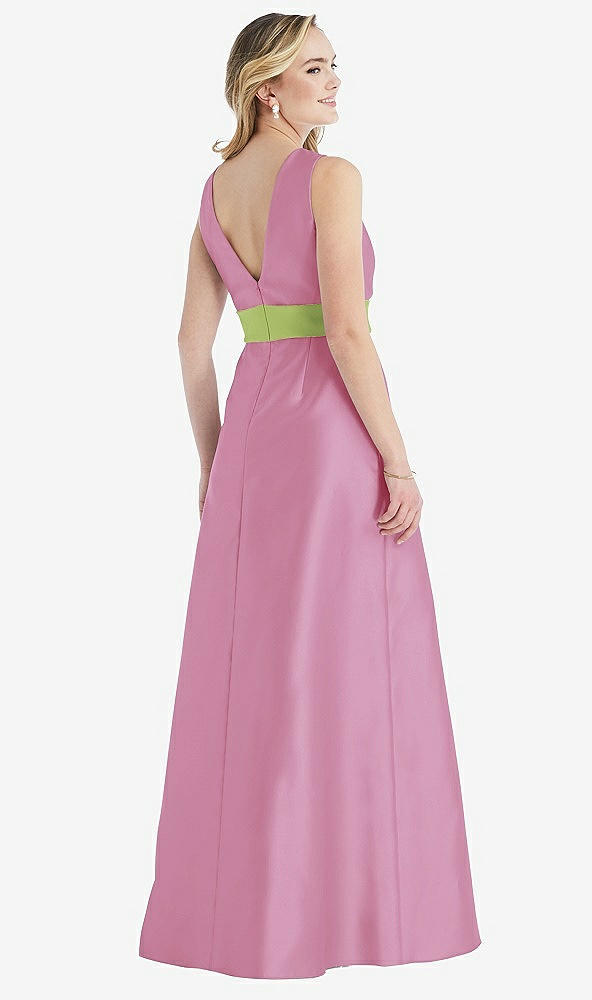 Back View - Powder Pink & Mojito High-Neck Asymmetrical Shirred Satin Maxi Dress with Pockets