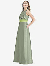Side View Thumbnail - Sage & Mojito High-Neck Asymmetrical Shirred Satin Maxi Dress with Pockets