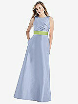 Front View Thumbnail - Sky Blue & Mojito High-Neck Asymmetrical Shirred Satin Maxi Dress with Pockets