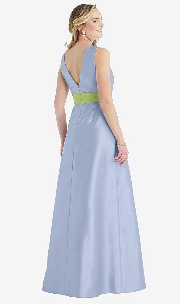 Back View - Sky Blue & Mojito High-Neck Asymmetrical Shirred Satin Maxi Dress with Pockets