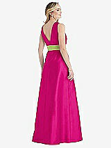 Rear View Thumbnail - Think Pink & Mojito High-Neck Asymmetrical Shirred Satin Maxi Dress with Pockets
