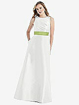Front View Thumbnail - White & Mojito High-Neck Asymmetrical Shirred Satin Maxi Dress with Pockets