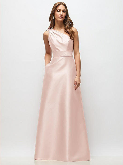Draped One-Shoulder Satin Maxi Dress with Pockets