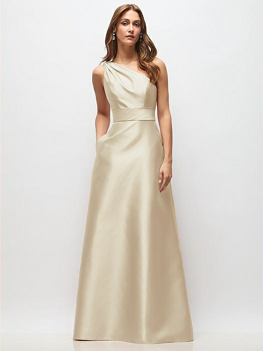 Draped One-Shoulder Satin Maxi Dress with Pockets