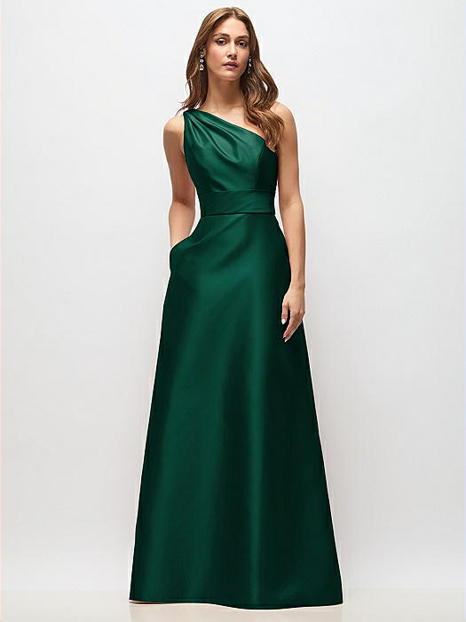 Draped One-Shoulder Satin Maxi Dress with Pockets