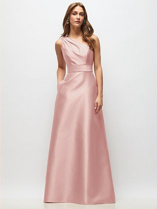 Draped One-Shoulder Satin Maxi Dress with Pockets