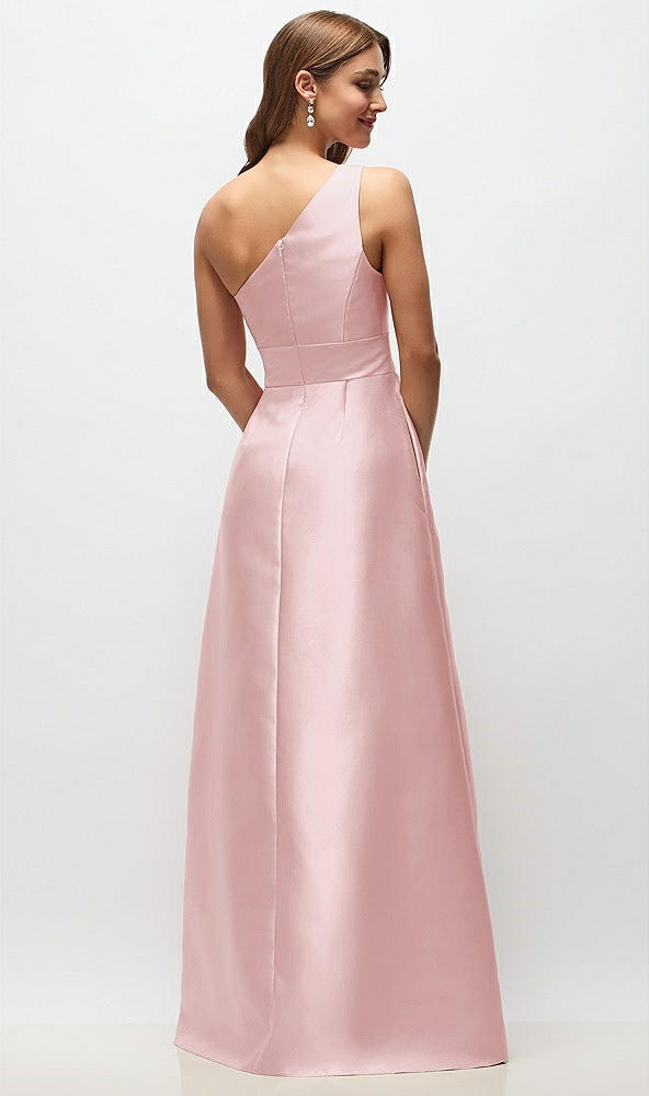 Back View - Ballet Pink Draped One-Shoulder Satin Maxi Dress with Pockets