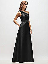 Side View Thumbnail - Black Draped One-Shoulder Satin Maxi Dress with Pockets