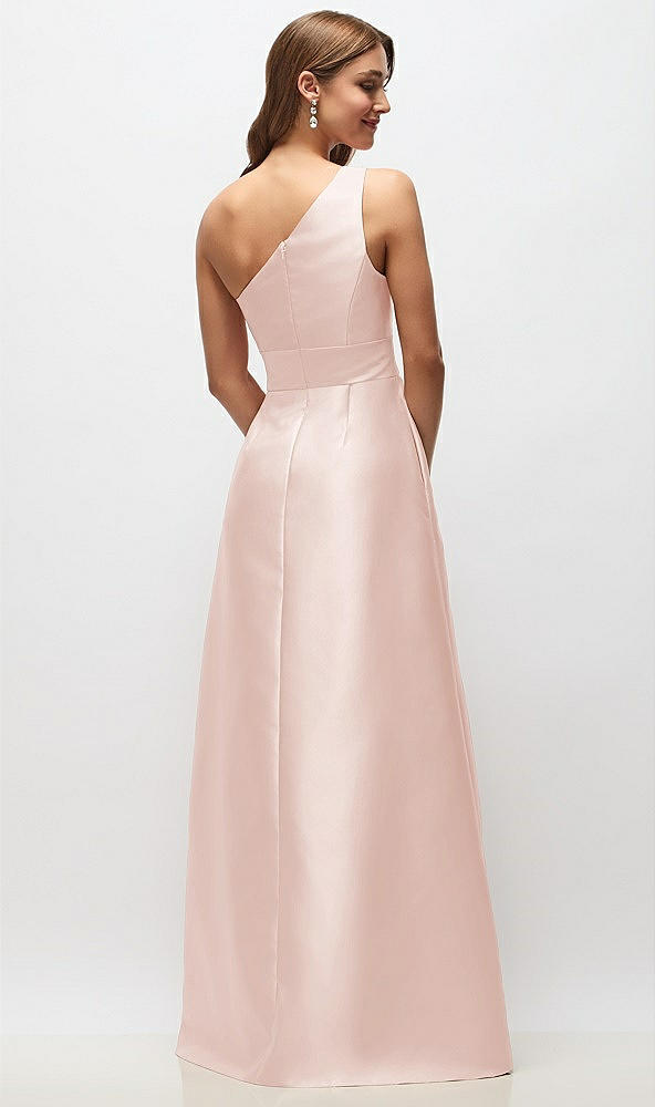 Back View - Blush Draped One-Shoulder Satin Maxi Dress with Pockets