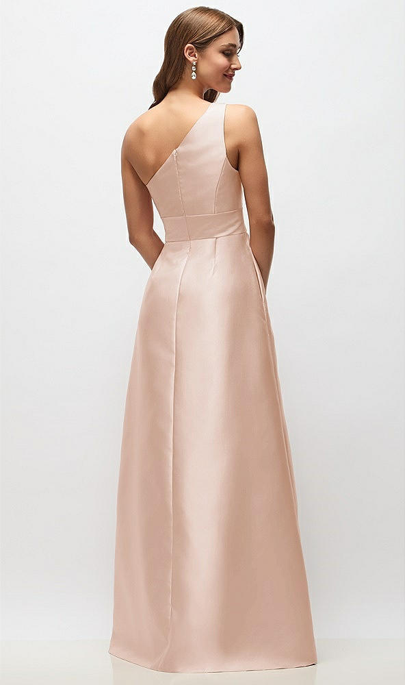 Back View - Cameo Draped One-Shoulder Satin Maxi Dress with Pockets