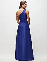 Rear View Thumbnail - Cobalt Blue Draped One-Shoulder Satin Maxi Dress with Pockets