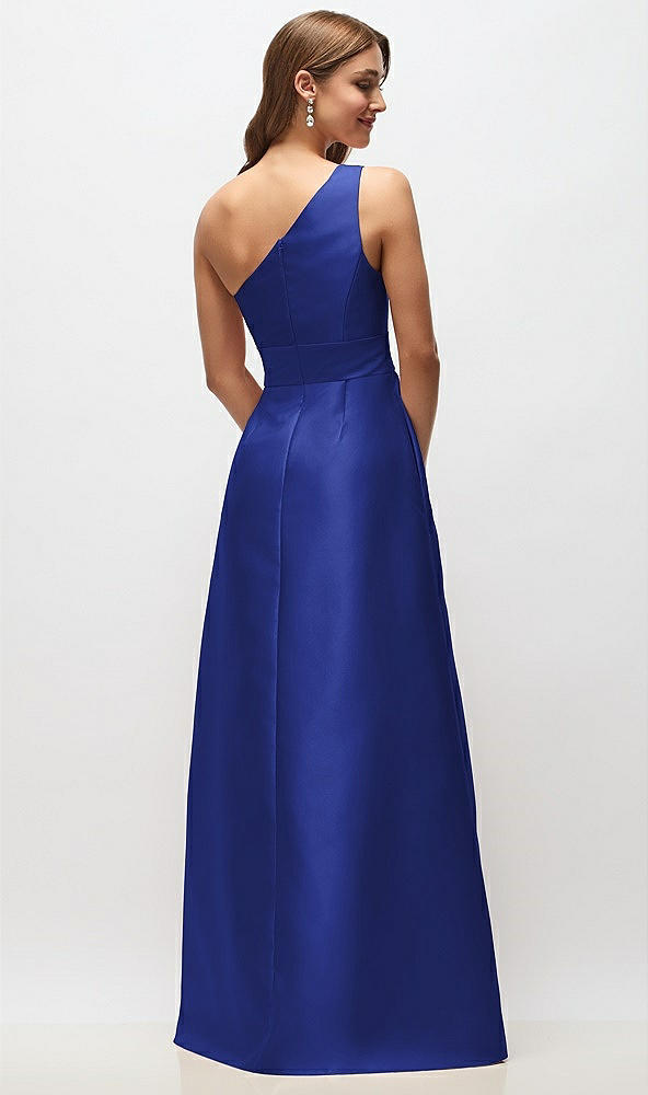 Back View - Cobalt Blue Draped One-Shoulder Satin Maxi Dress with Pockets