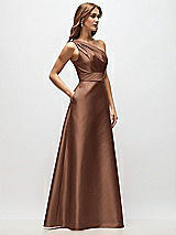 Side View Thumbnail - Cognac Draped One-Shoulder Satin Maxi Dress with Pockets