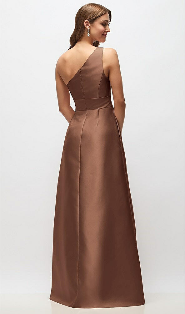 Back View - Cognac Draped One-Shoulder Satin Maxi Dress with Pockets