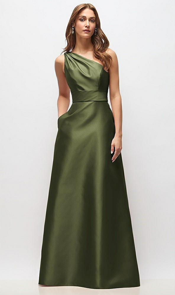 Front View - Olive Green Draped One-Shoulder Satin Maxi Dress with Pockets