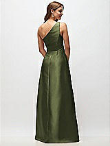 Rear View Thumbnail - Olive Green Draped One-Shoulder Satin Maxi Dress with Pockets
