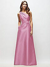 Front View Thumbnail - Powder Pink Draped One-Shoulder Satin Maxi Dress with Pockets