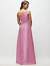 Rear View Thumbnail - Powder Pink Draped One-Shoulder Satin Maxi Dress with Pockets