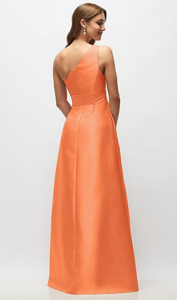 Back View - Portofino Orange Draped One-Shoulder Satin Maxi Dress with Pockets