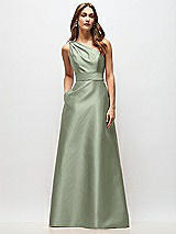 Front View Thumbnail - Sage Draped One-Shoulder Satin Maxi Dress with Pockets
