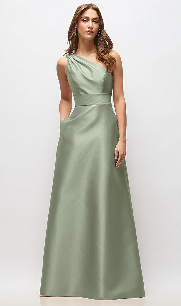 Front View - Sage Draped One-Shoulder Satin Maxi Dress with Pockets