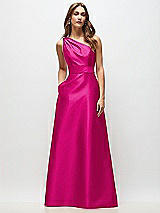Front View Thumbnail - Think Pink Draped One-Shoulder Satin Maxi Dress with Pockets