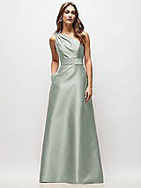 Front View Thumbnail - Willow Green Draped One-Shoulder Satin Maxi Dress with Pockets