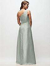 Rear View Thumbnail - Willow Green Draped One-Shoulder Satin Maxi Dress with Pockets