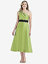 Front View Thumbnail - Mojito & Black Draped One-Shoulder Satin Midi Dress with Pockets