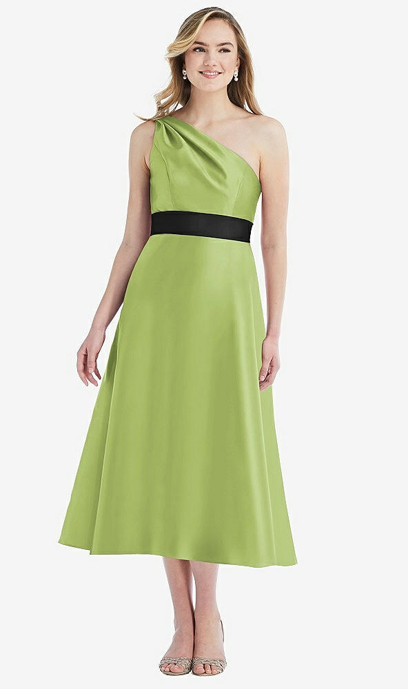 Front View - Mojito & Black Draped One-Shoulder Satin Midi Dress with Pockets