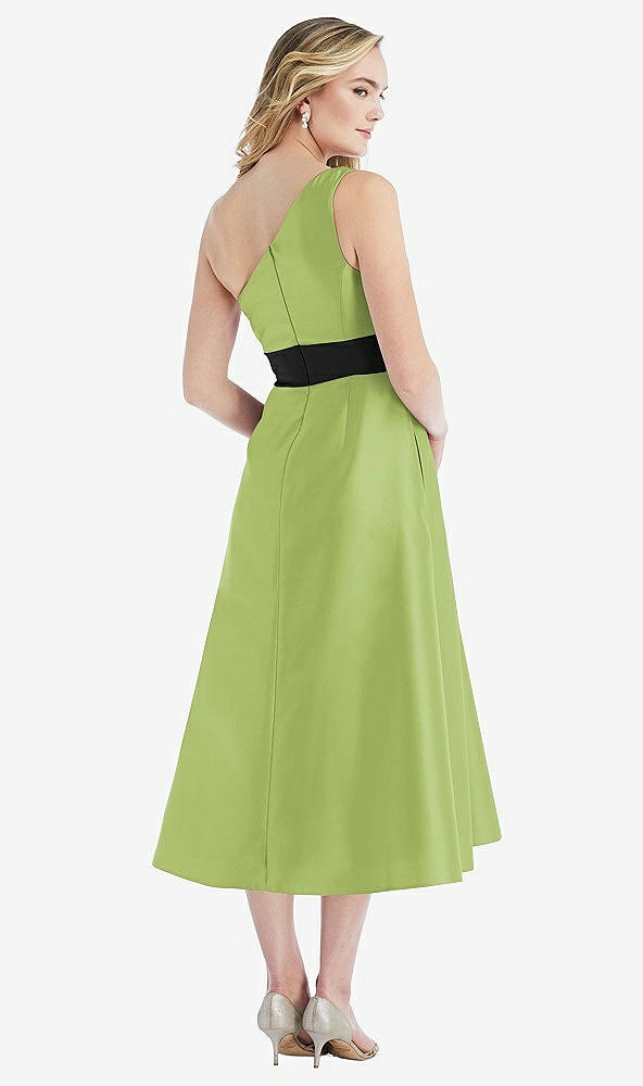 Back View - Mojito & Black Draped One-Shoulder Satin Midi Dress with Pockets
