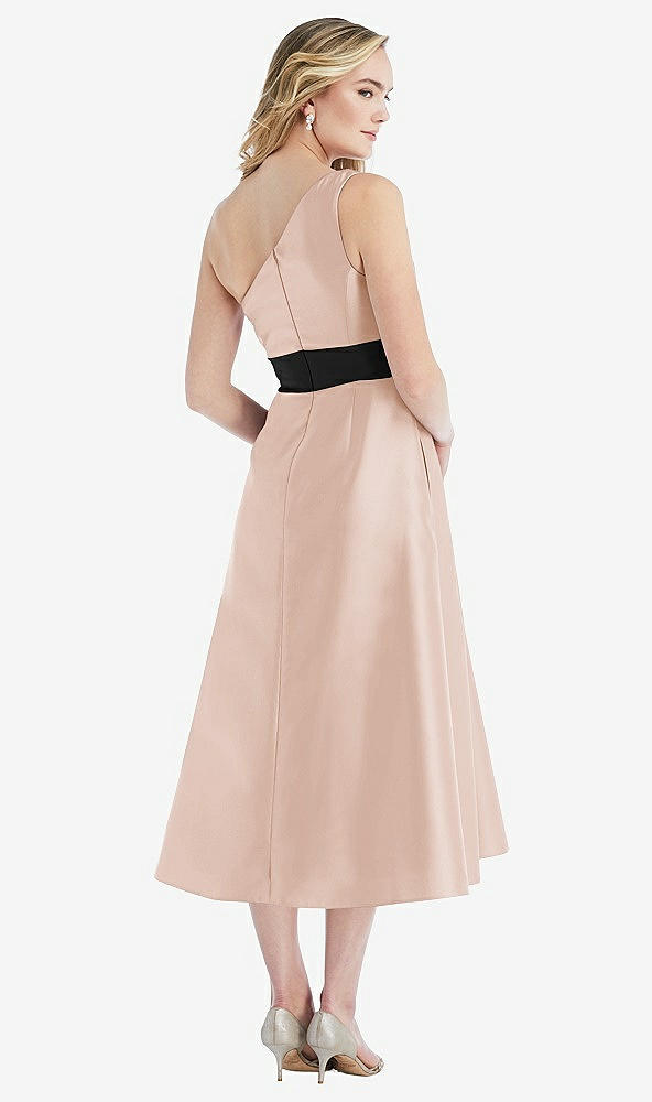Back View - Cameo & Black Draped One-Shoulder Satin Midi Dress with Pockets